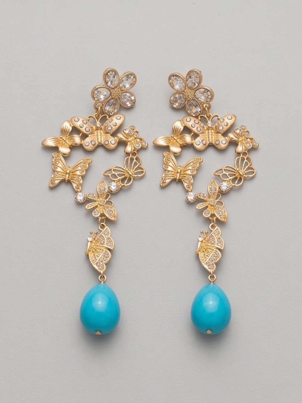 Gold Butterfly Drop Earrings with Turquoise Teardrop Dangles